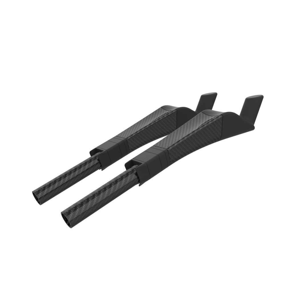 two black carbon fiber time trial extensions on a white background