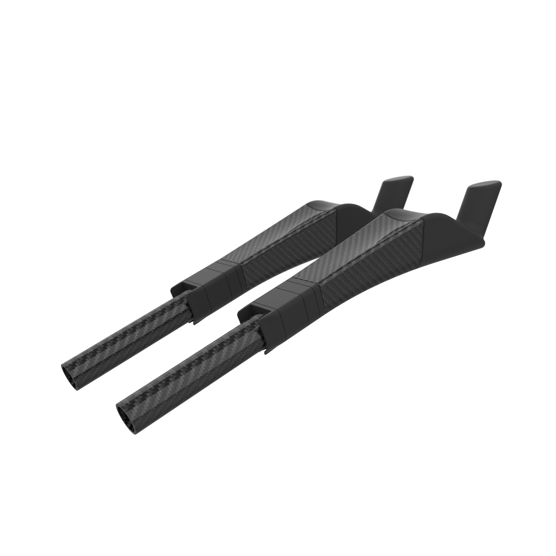 two black carbon fiber time trial extensions on a white background
