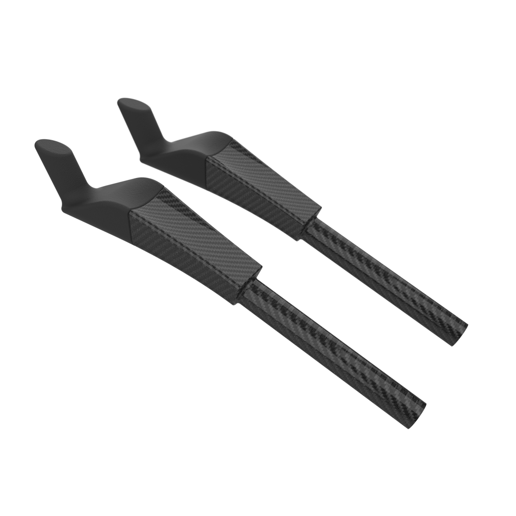 Two black carbon fiber time trial extensions on a white background