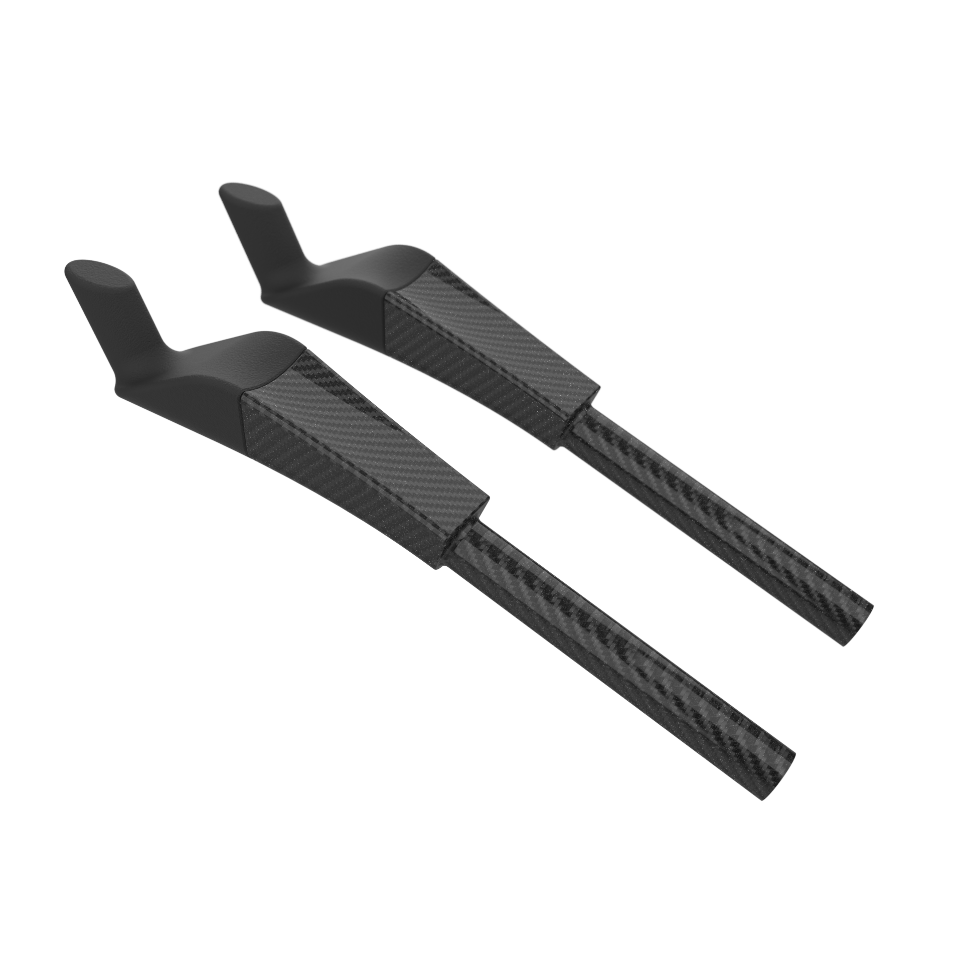 Two black carbon fiber time trial extensions on a white background