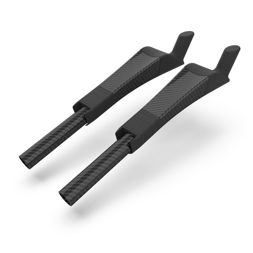 Two black carbon fiber timetrial aerobar extensions on a white background