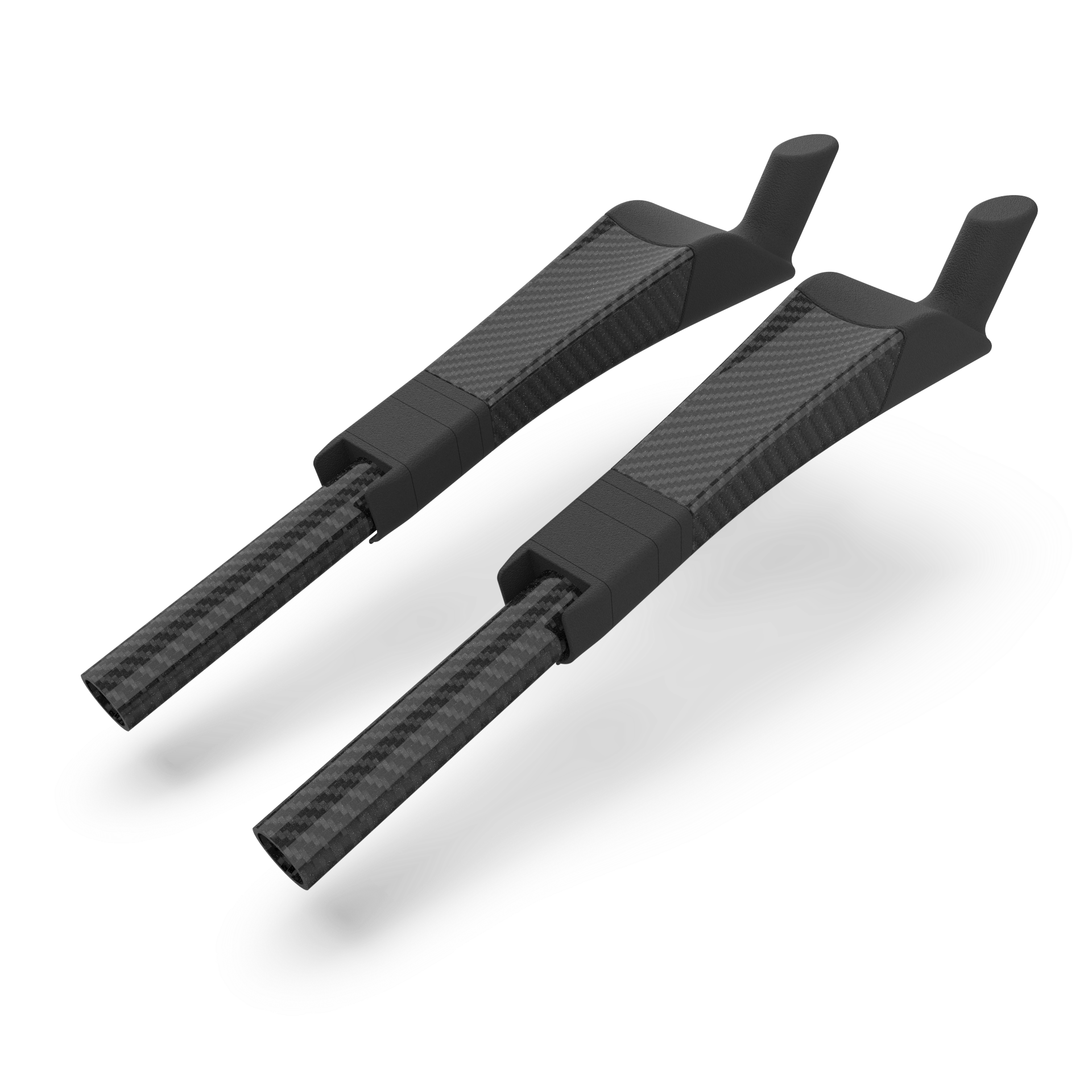 Two black carbon fiber timetrial aerobar extensions on a white background